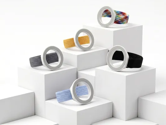 Five WheWhew braided stretch straps with silver magnetic rings in tie-dye, mustard, charcoal, black, and sky blue on white display blocks